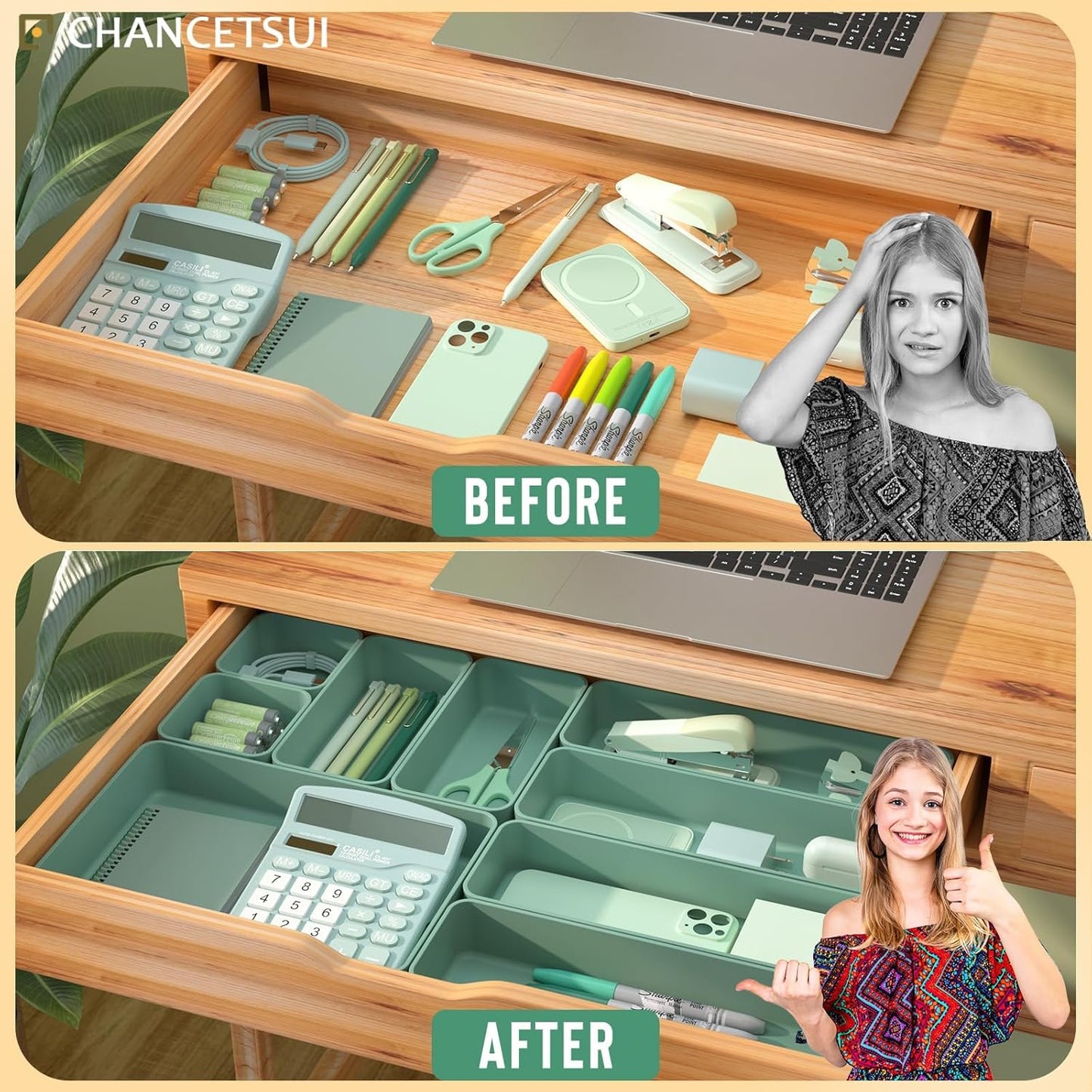 CHANCETSUI 9 Pcs Stackable Drawer Organizer Trays Set, Green, Multifunctional Storage for Vanity