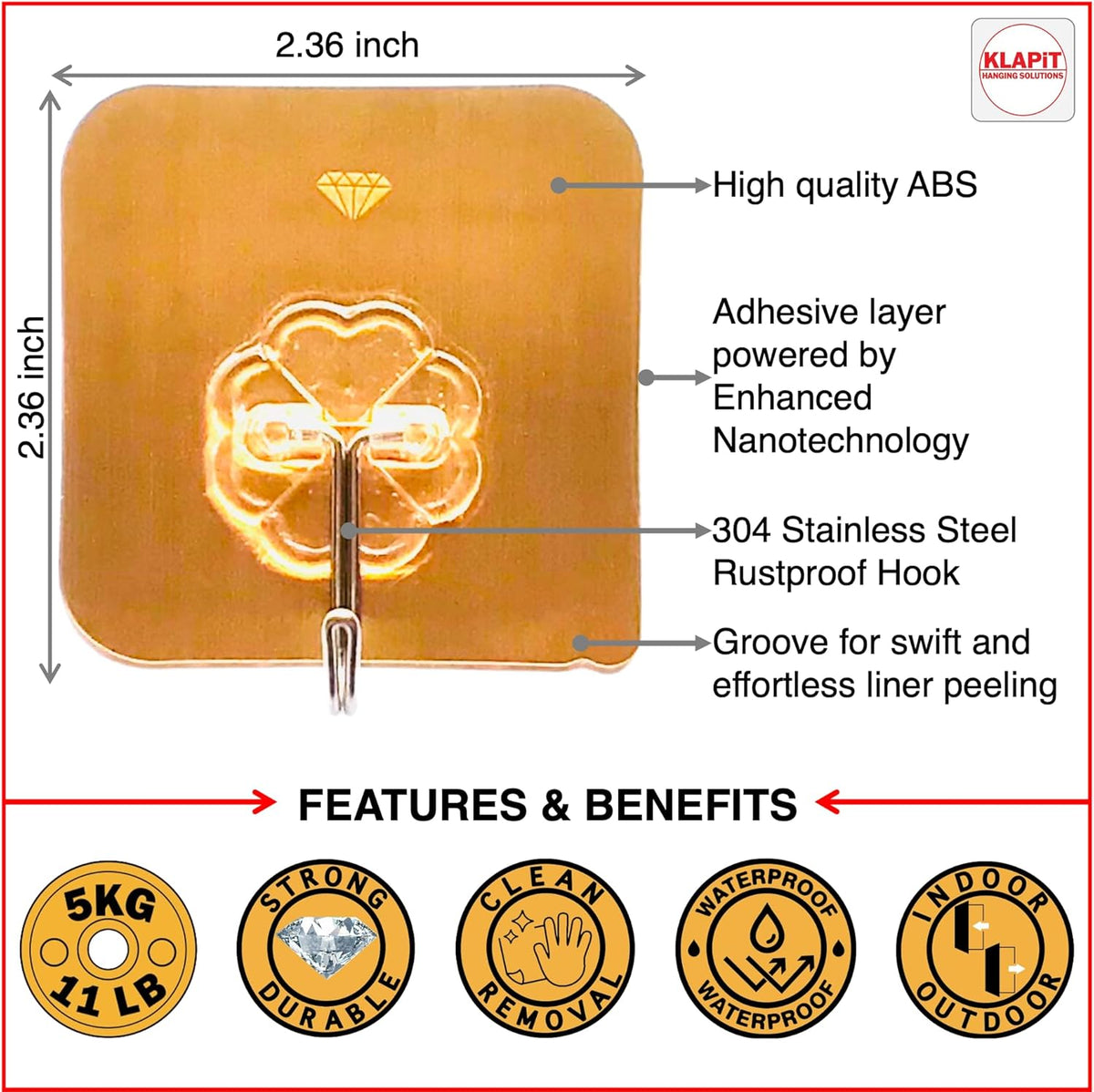 KLAPiT Super Hook - Heavy-Duty Adhesive Gold Wall Hooks, Holds Up to 11 lbs, Waterproof, No Damage