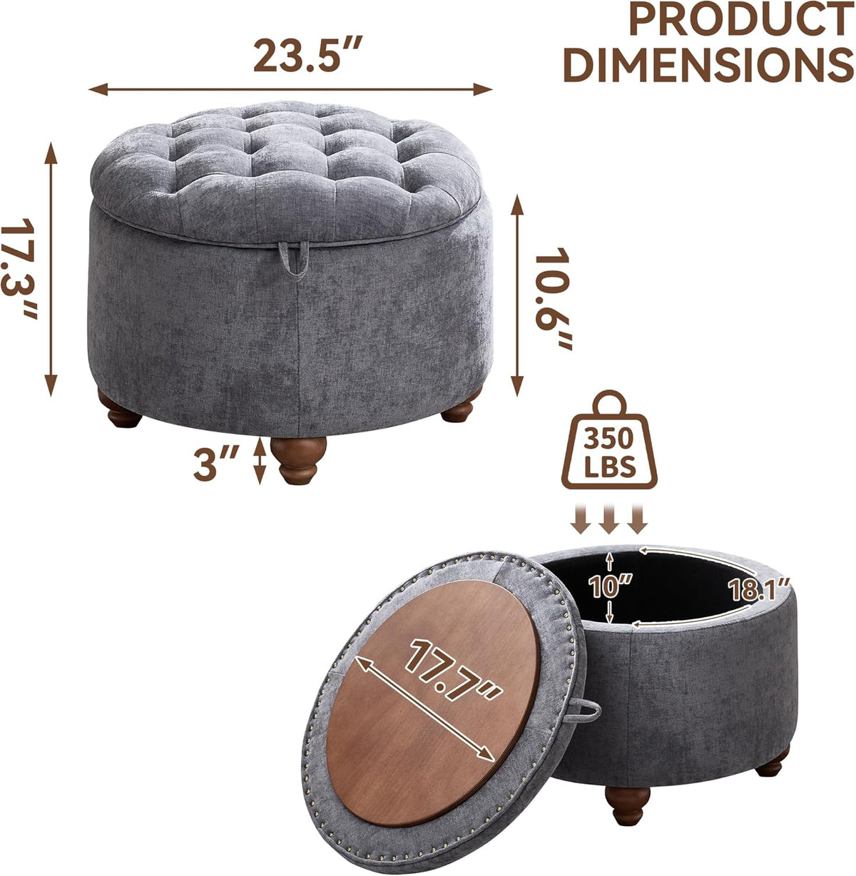 24Inch Round Storage Ottoman with Tray, Modern Tufted Circle Coffee Table with Storage, Upholstered