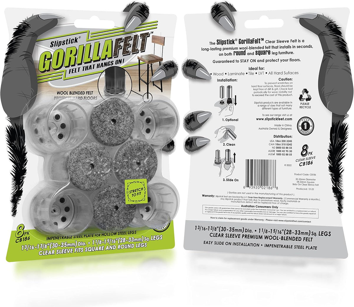 Slipstick GorillaFelt Chair Leg Floor Protectors for Hardwood Floors, Clear Sleeve Felt Pads for