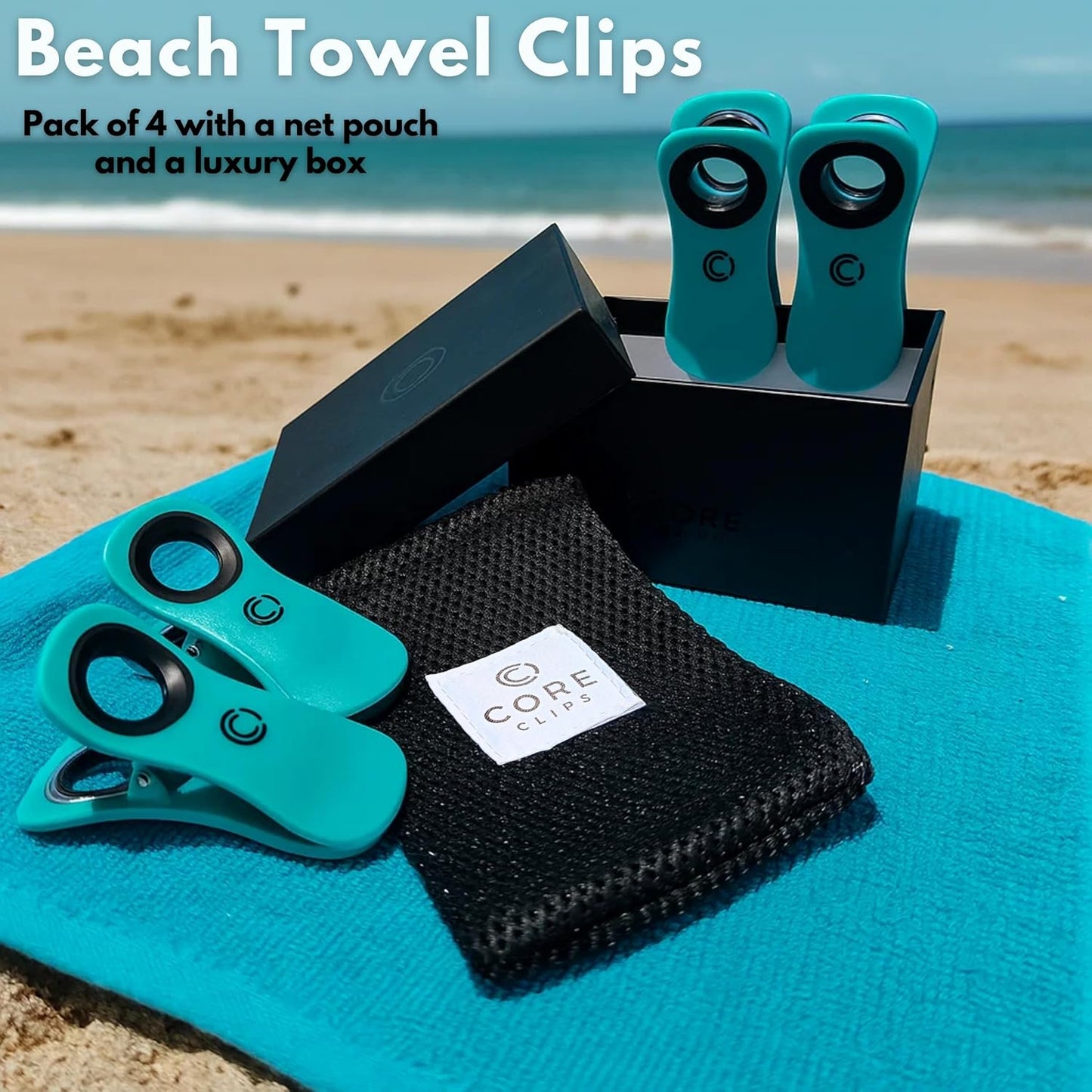 CoreClips Towel Clips for Beach Chairs - Set of 4 Pool Towel Holder Clips for Lounge Chairs on
