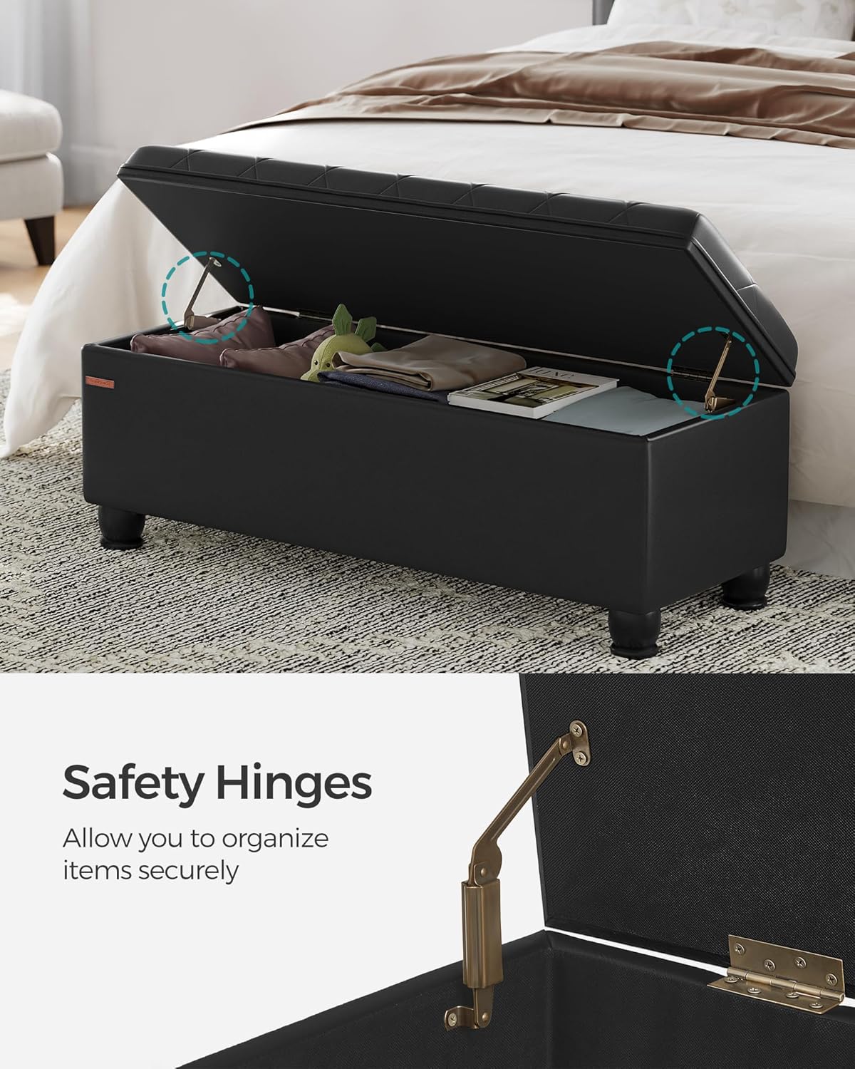 SONGMICS Storage Ottoman, Storage Bench, Tufted Entryway Bedroom Bench, 17.7 x 46.5 x 17.7 Inches