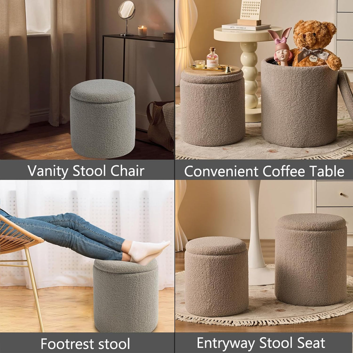 Round Ottoman with Storage Set of 2-Upholstered Sherpa Vanity Stool for Makeup Multifunctional