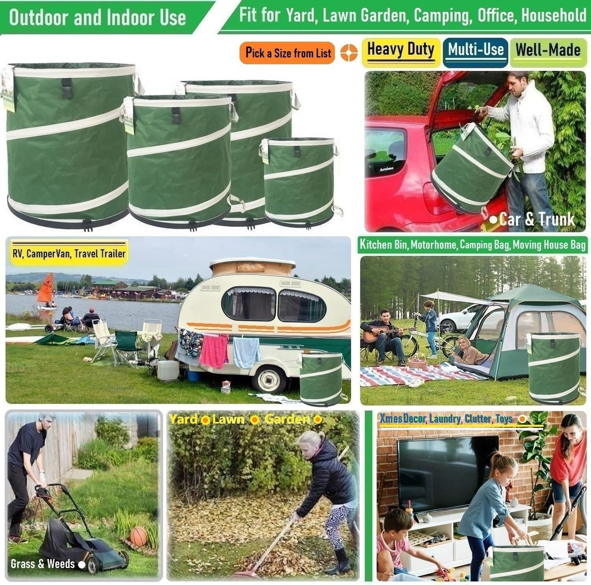 16-Gallon Collapsible Trash Can (16x19 in) Hard-Shell Bottom Yard Garden Bag for Pop-Up Trash