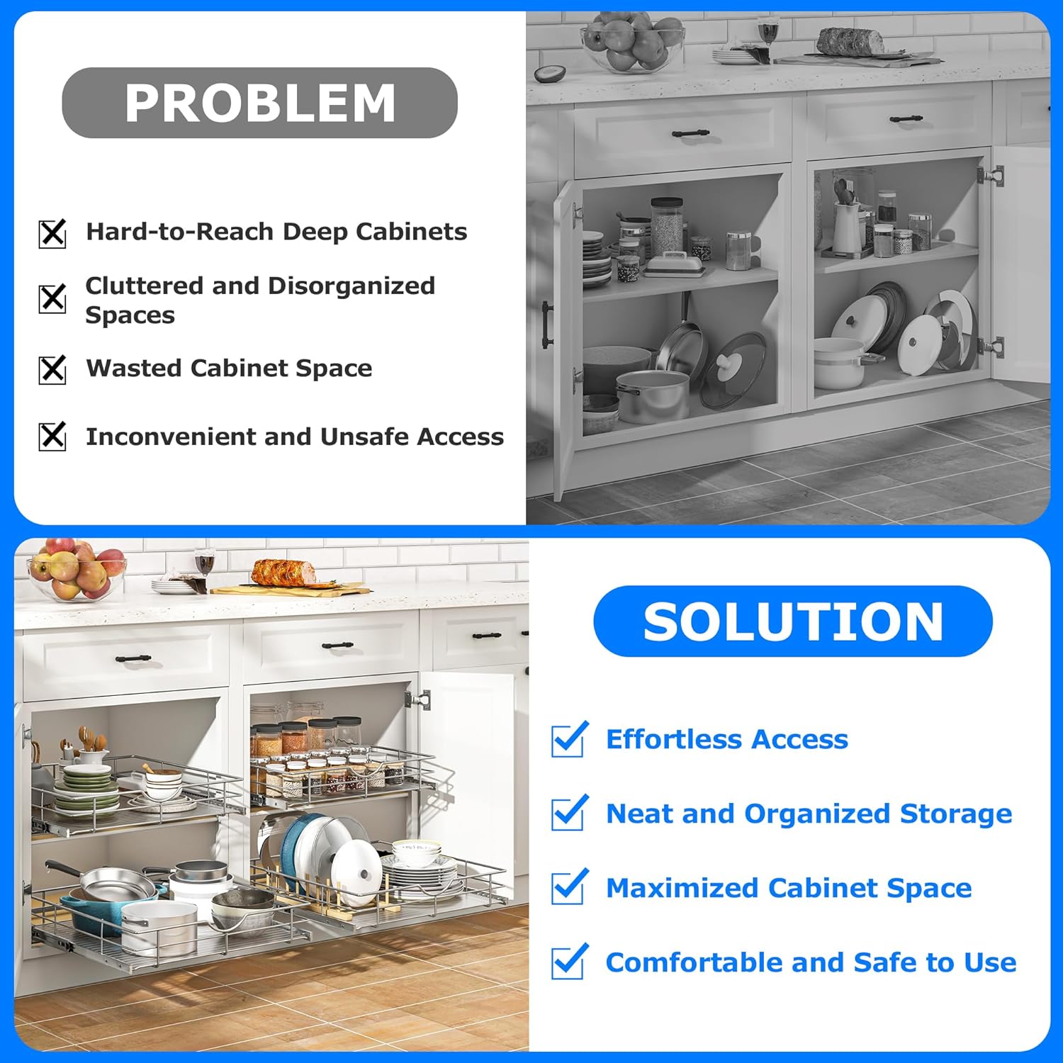 WelFurGeer Soft Close Slide Out Cabinet Shelf, 11" W x 22" D Pull Out Drawers for Kitchen Cabinets