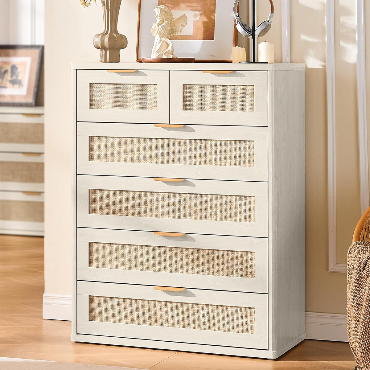 LEYAOYAO White Dresser for Bedroom, 42" Tall Chest of Drawers, Modern 6 Drawers Boho Rattan