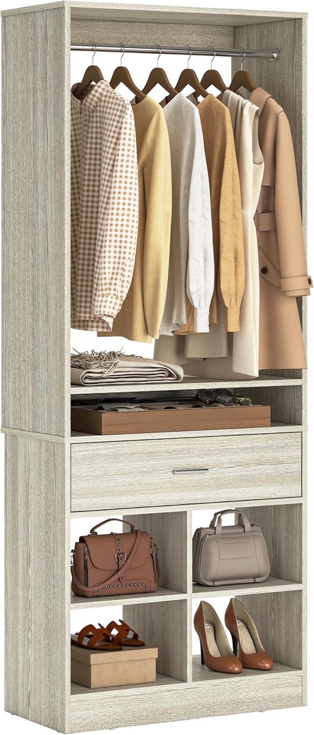 Unikito Freestanding Closet System with Wood Drawer and 4 Cubby Storage, Closet Organizer with