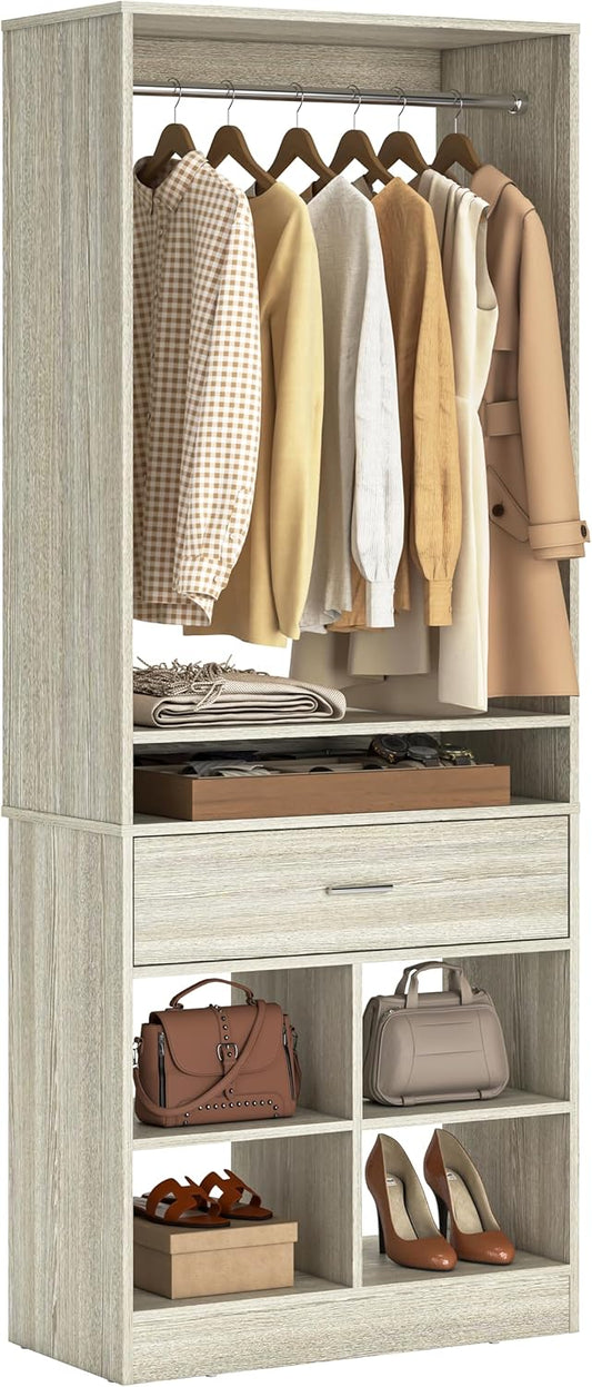 Unikito Freestanding Closet System with Wood Drawer and 4 Cubby Storage, Closet Organizer with