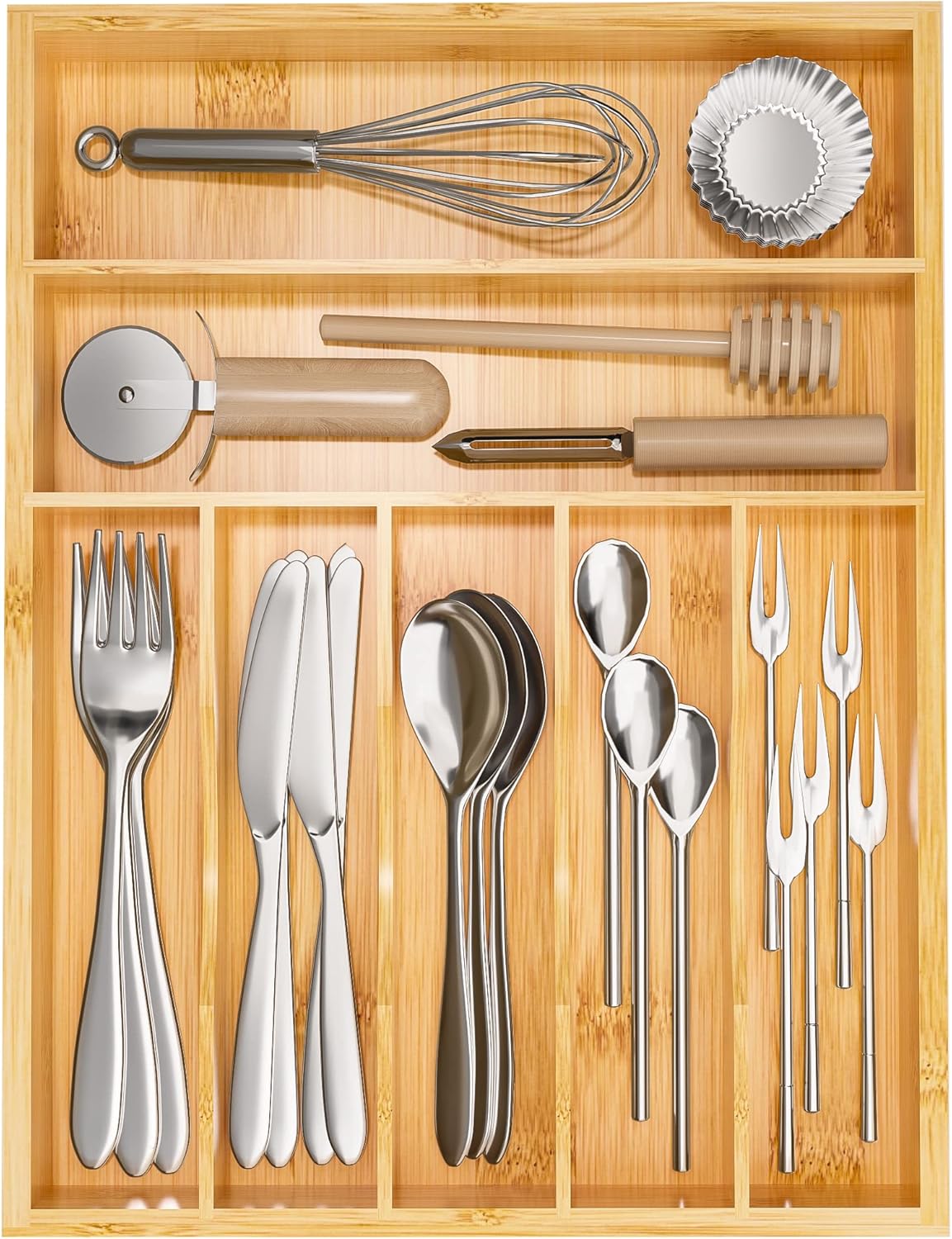 Flatware Organizer Silverware Drawer Organizer - 7 Slots Bamboo Cutlery Tray Multipurpose kitchen