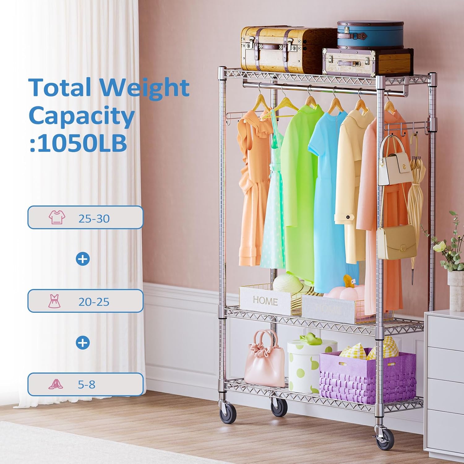 IZEUK 3 Tier Heavy Duty Rolling Garment Rack Wire Clothes Rack for Hanging Clothes, Metal