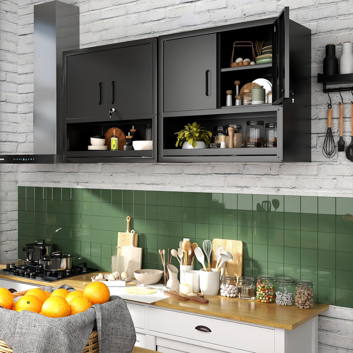 Garage Wall Cabinet with Doors and Shelves, Wall Mounted Metal Storage Cabinet with Open Storage