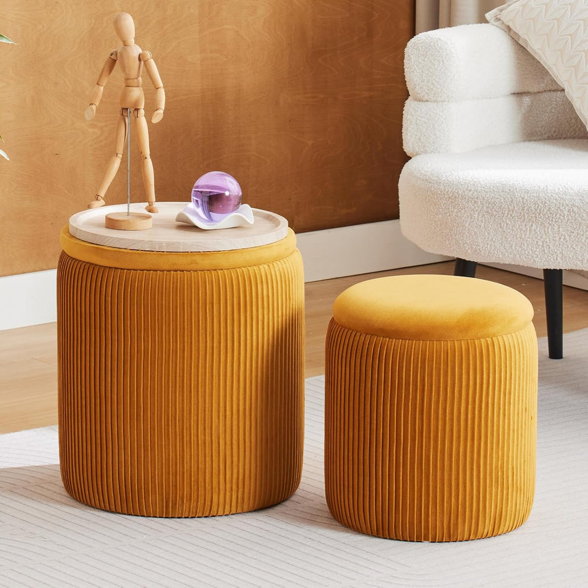 Round Ottoman with Storage Set of 2-Upholstered Velvet Vanity Stool for Makeup Multifunctional