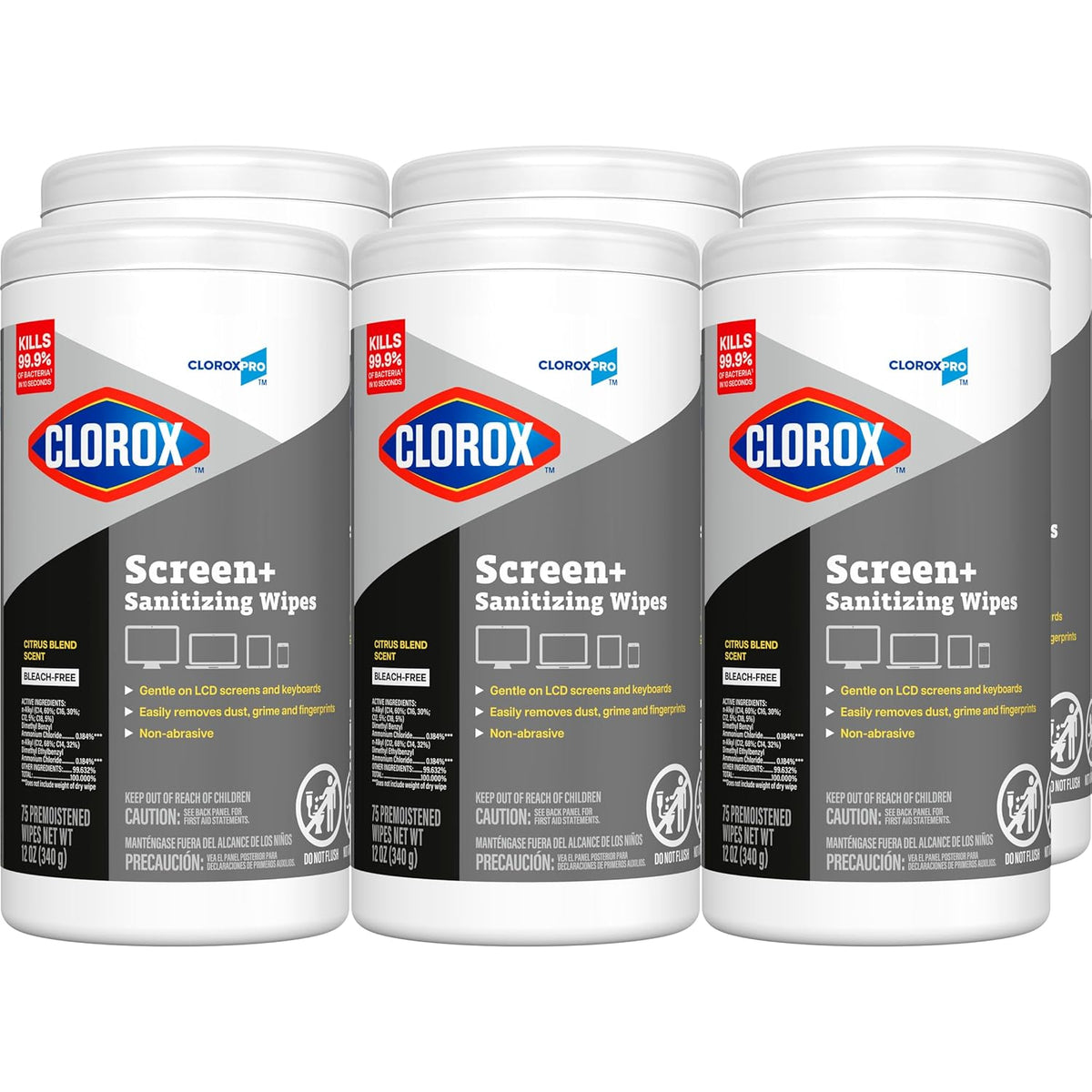 CloroxPro Clorox Screen+ Sanitizing Wipes, Bleach Free Cleaning Wipes, Citrus Blend Scent, 75