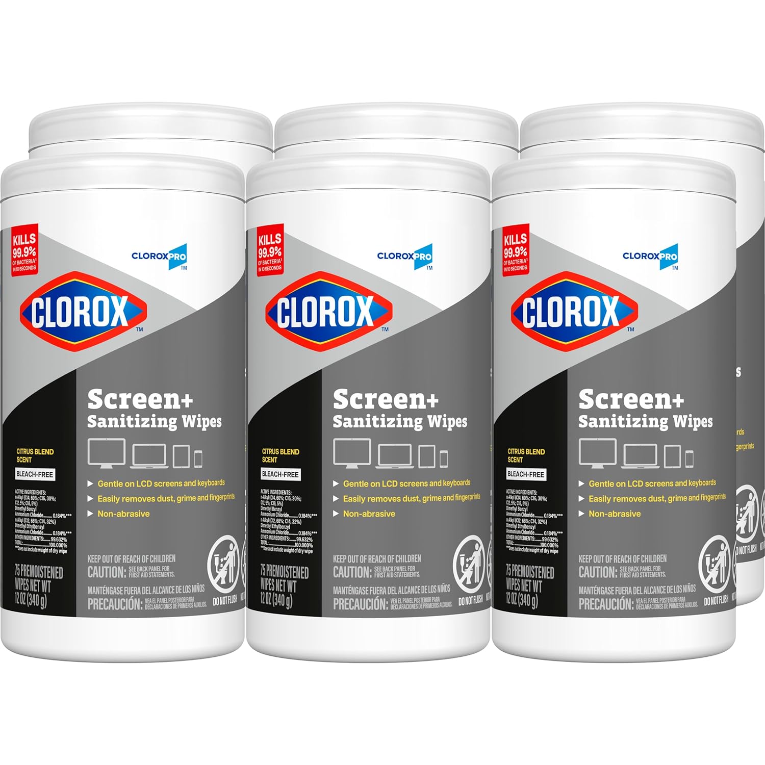 CloroxPro Clorox Screen+ Sanitizing Wipes, Bleach Free Cleaning Wipes, Citrus Blend Scent, 75
