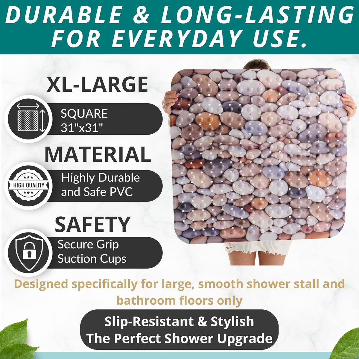 ENKOSI Extra Large Square Non Slip Shower Mat - 31 x 31-inch XL Bathroom Shower Mat - Square Shower