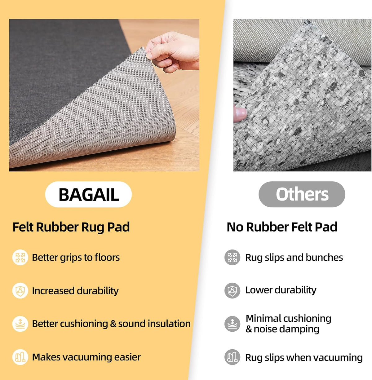 BAGAIL Felt and Natural Rubber Backing Rug Pads 1/4” Thick, Round 4 Ft Non Slip Carpet Gripper Keep