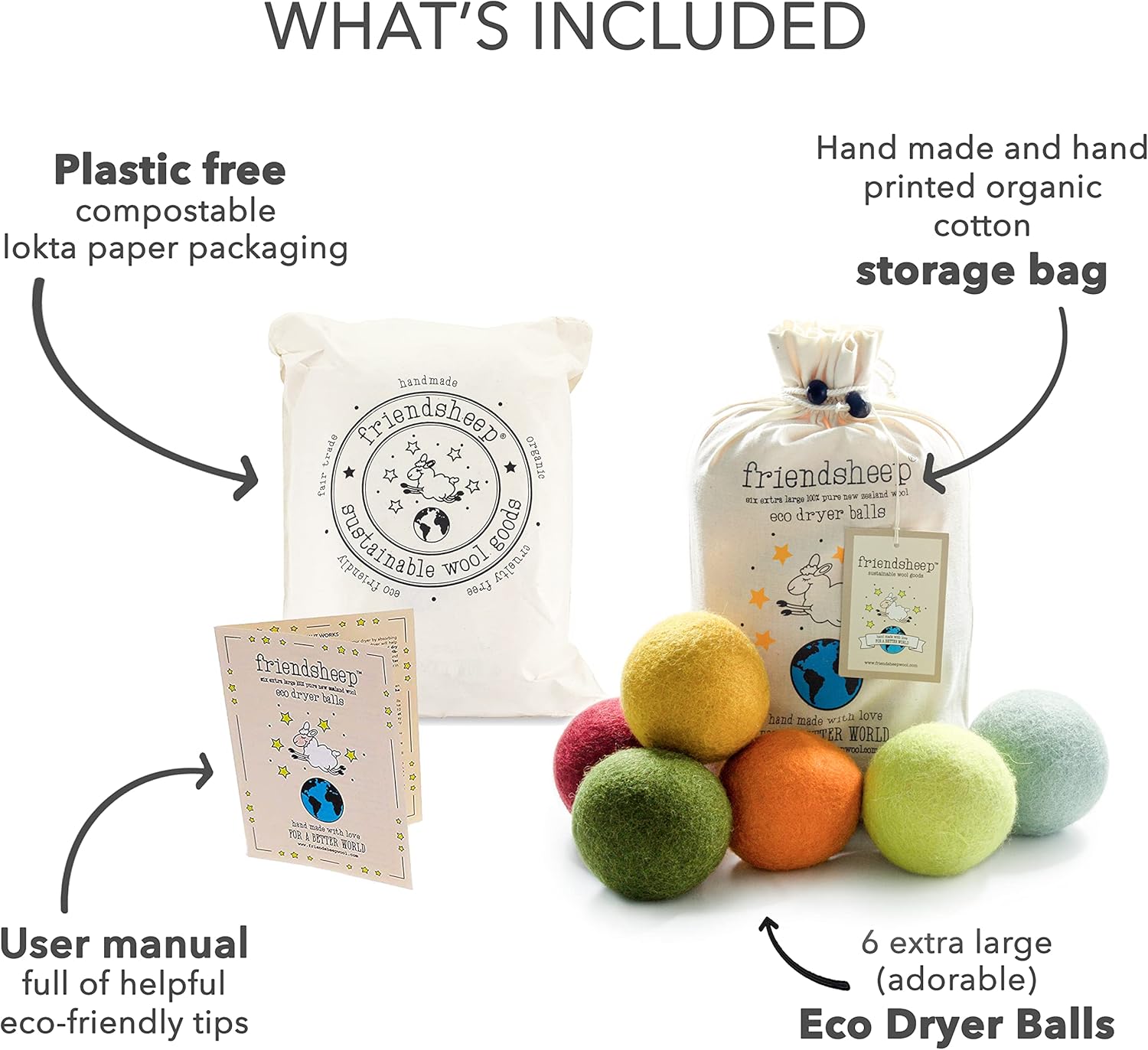 Friendsheep Wool Dryer Balls 6 Pack XL Organic Premium Reusable Cruelty Free Handmade Fair Trade No