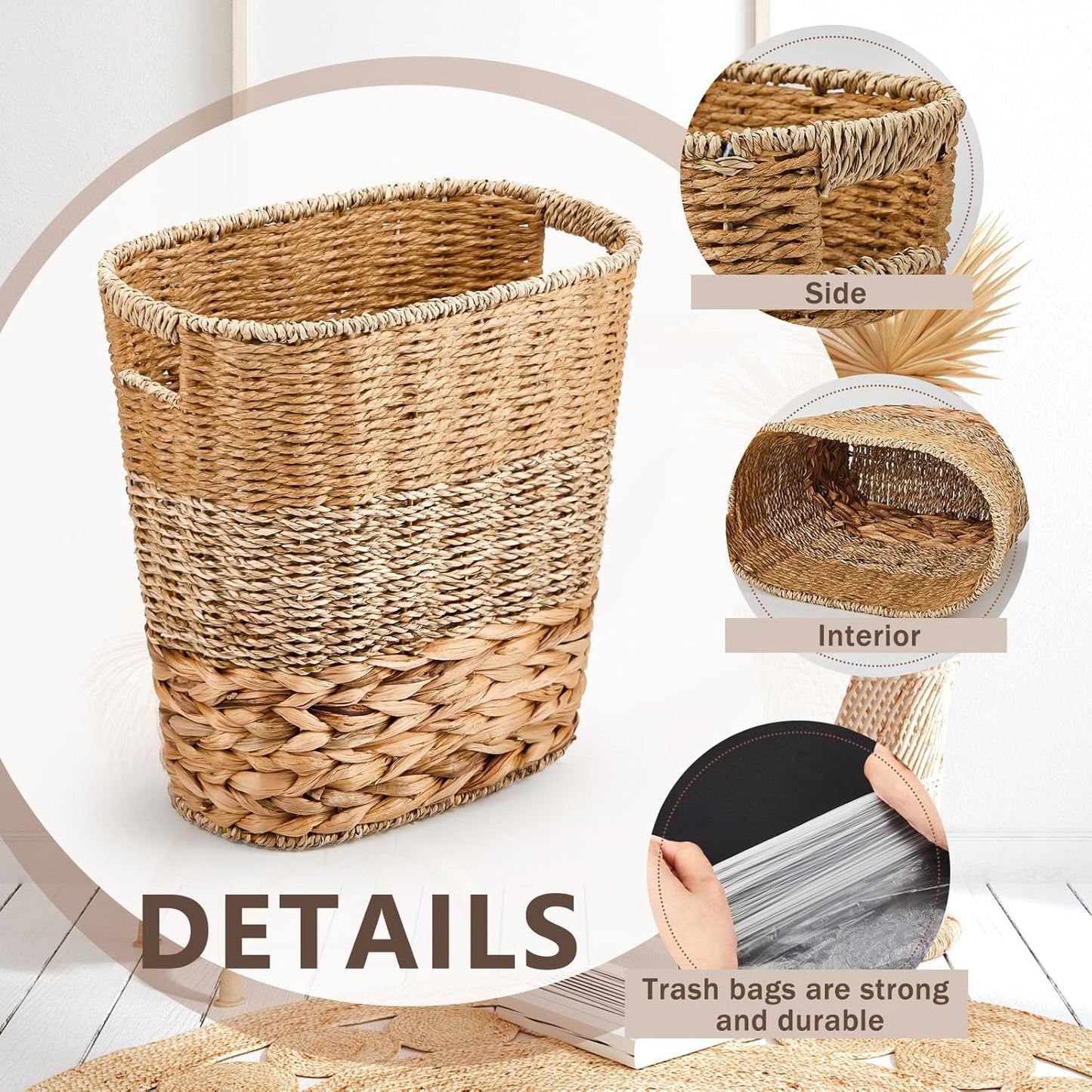 2 Pcs Wicker Trash Can with 50 Small Trash Bag Wicker Waste Woven Basket with Handles Clear Multi