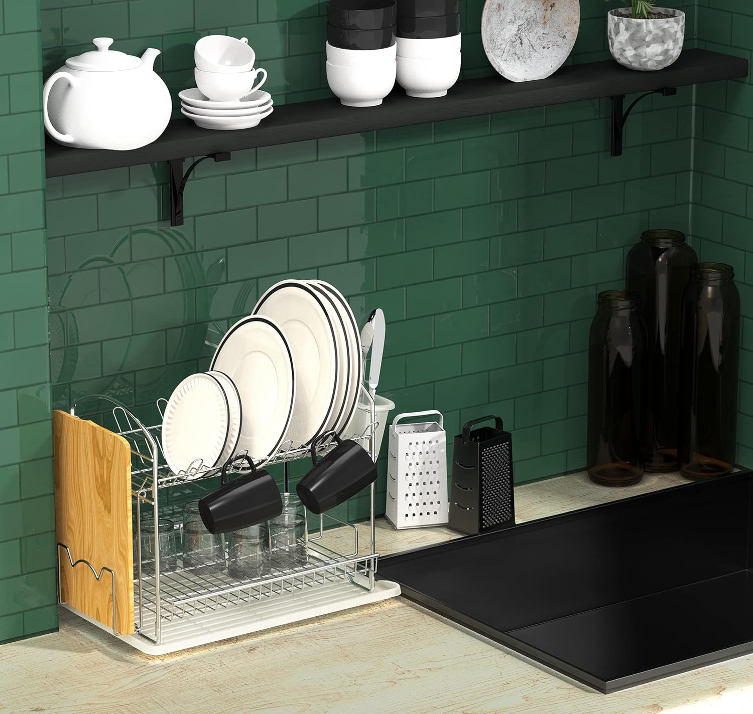 Simple Houseware 2-Tier Stainless Steel Dish Rack with Drainboard, Chrome for Kitchen