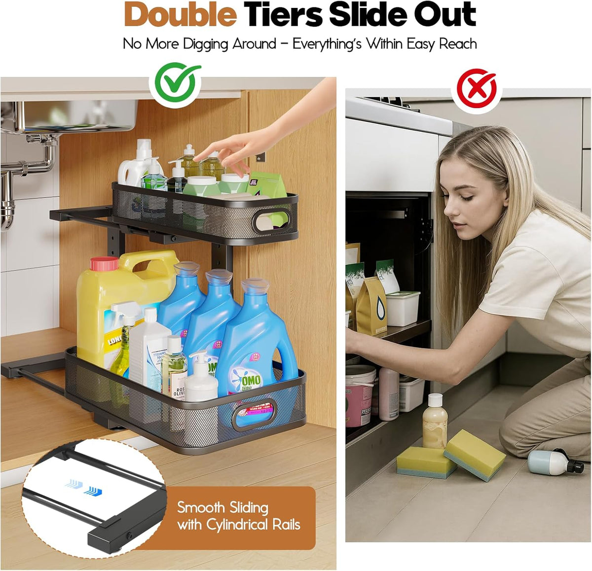 2 Pack 15.7IN-Depth Under Sink Organizer With Smooth Cylindrical Rail,2-Tier Pull Out Multi-Purpose