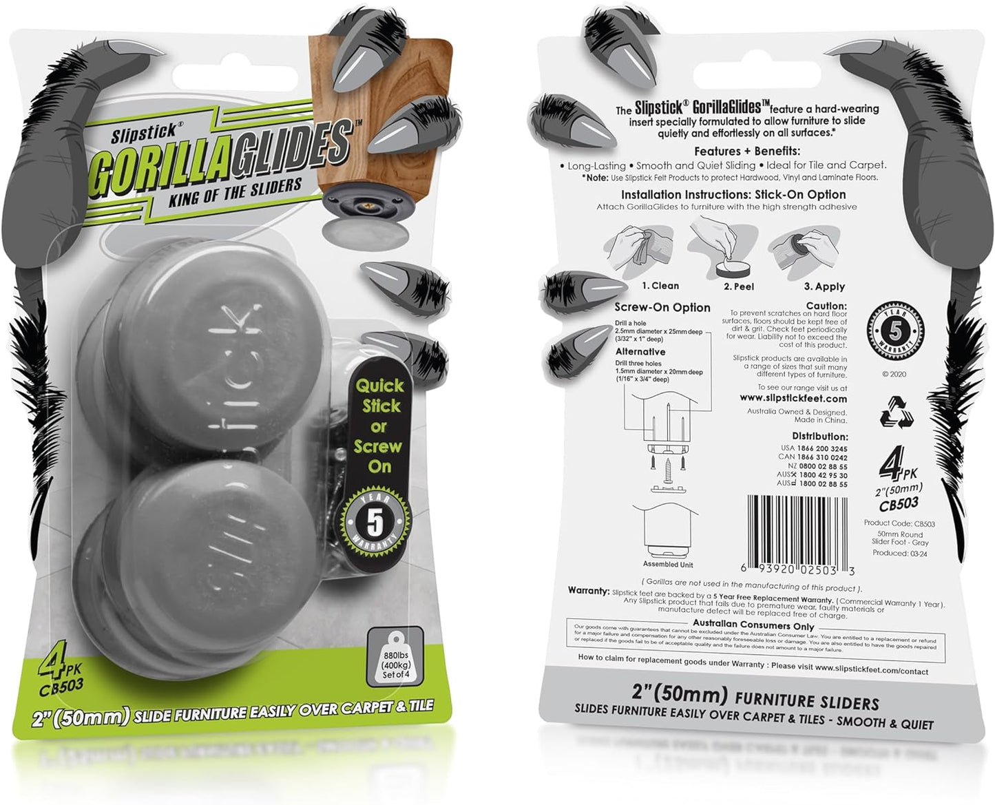 GorillaGlides CB503 2 Inch Furniture Sliders/Screw On Glide Floor Protectors (Set of 4 Glides)