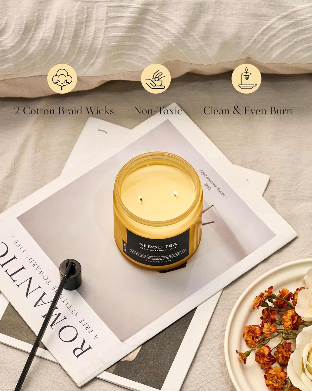 M&SENSE Neroli Tea Scented Candle - 11.6oz Natural Soy Wax Non Toxic 70-Hour Burn, 2-Wick Citrus