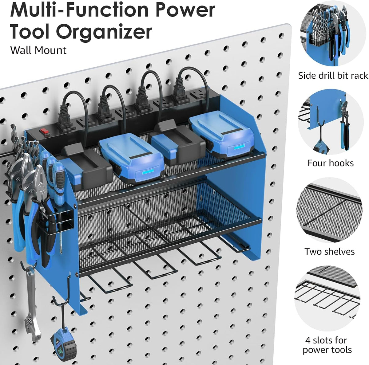 CCCEI Modular Power Tool Organizer Wall Mount with Charging Station. Garage 4 Drill Storage Shelf