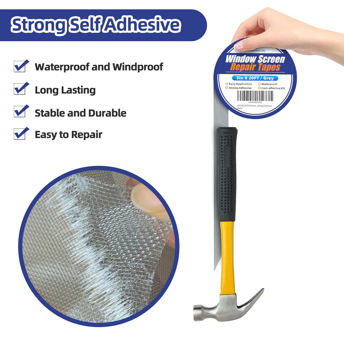 KING MOUNTAIN Grey Window Screen Repair Tape,3inX20FT Heavy Duty Screen Repair Kit for Window