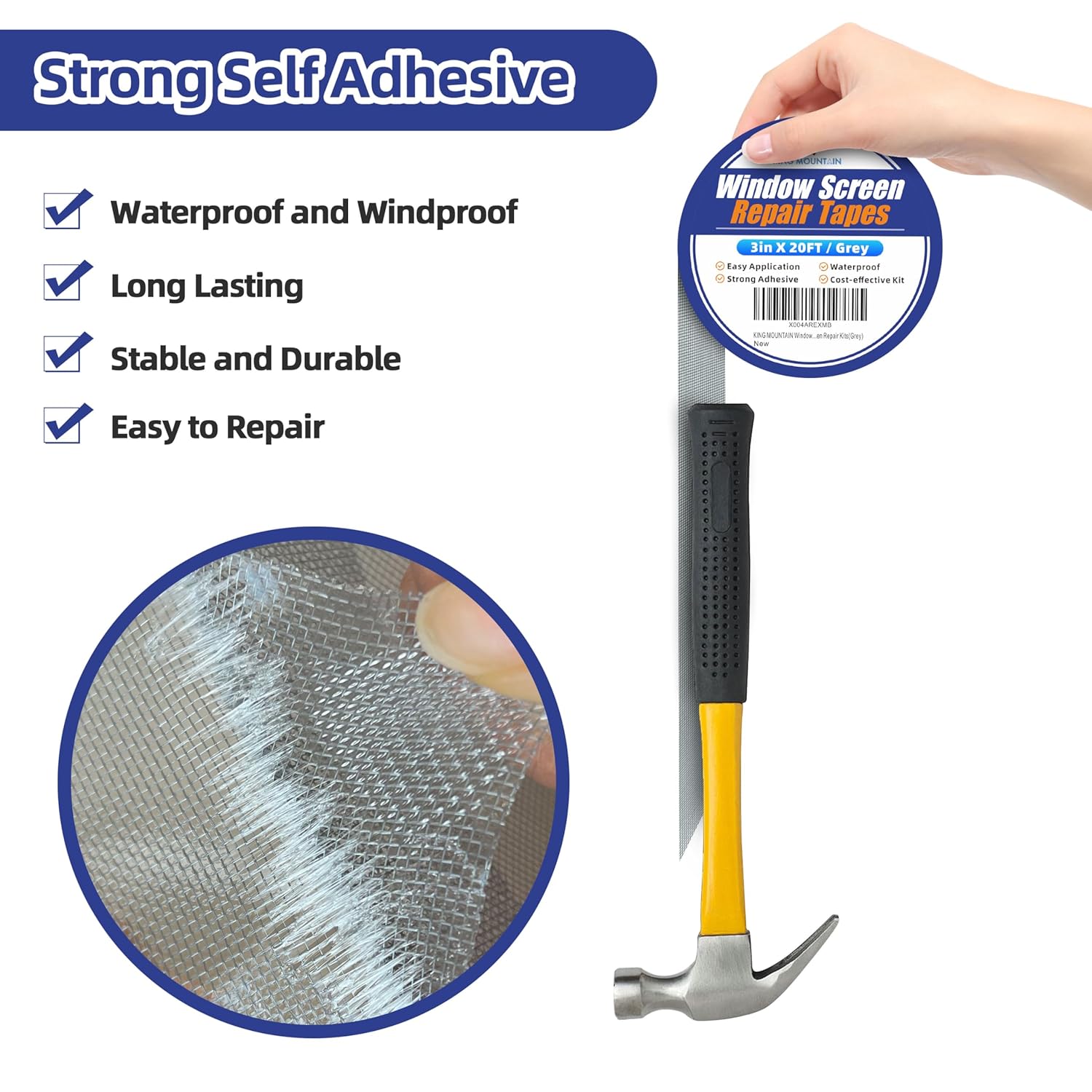 KING MOUNTAIN Grey Window Screen Repair Tape,3inX20FT Heavy Duty Screen Repair Kit for Window