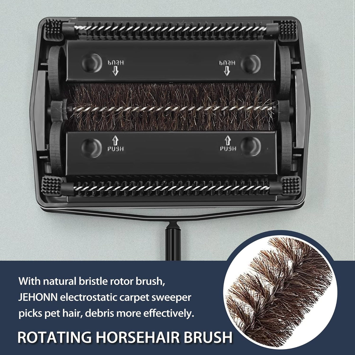 JEHONN Carpet Floor Sweeper Manual with Horsehair, Non Electric Quite Rug Roller Brush Push for