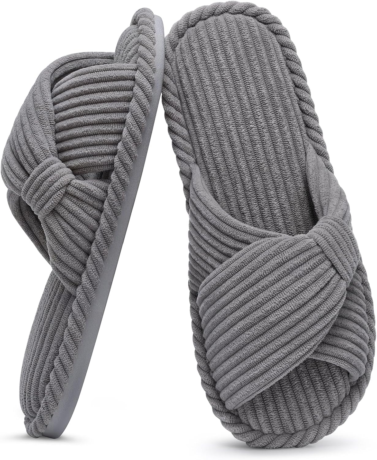 Evshine Summer House Slippers for Women Corduroy Cross Bow Indoor Slippers Open Toe Slip On Bedroom