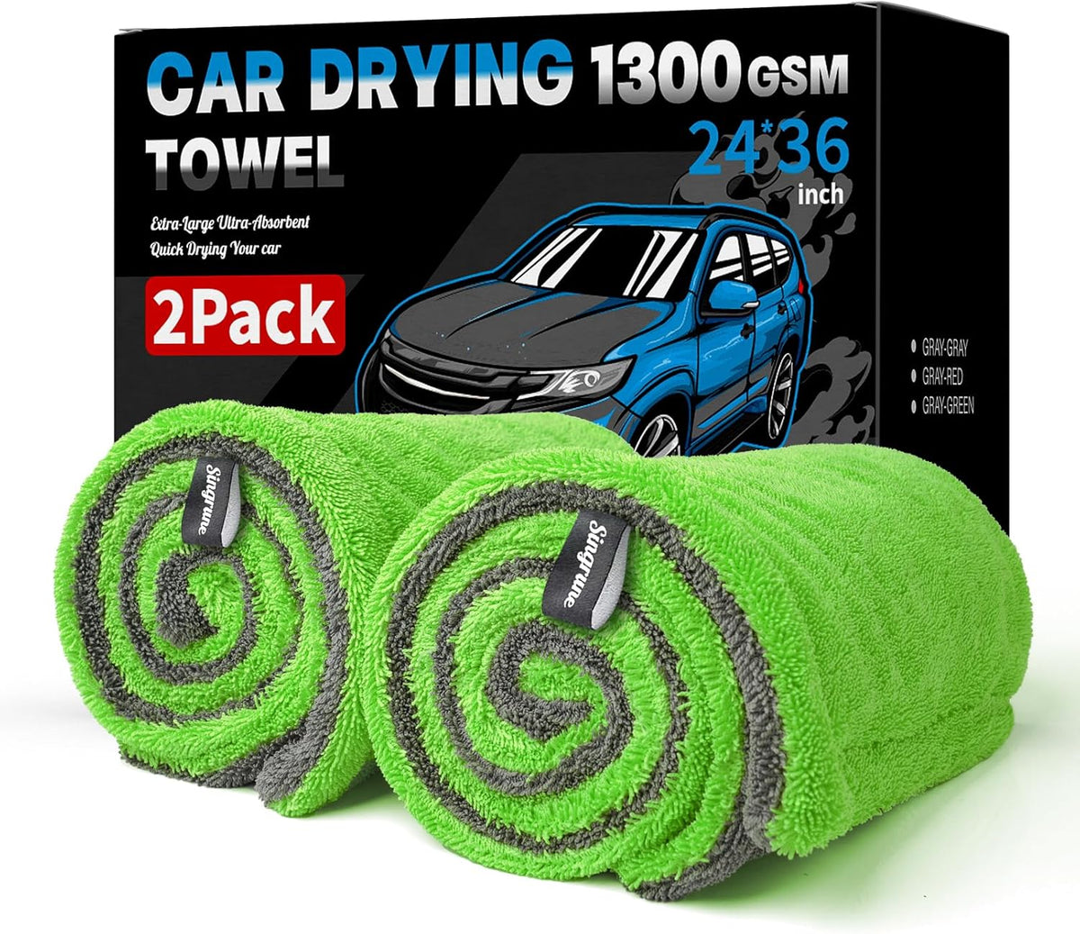 2 Pack XL Car Drying Towel – 1300GSM Ultra Absorbent Microfiber, 24"x36" Large Size, Twisted Loop