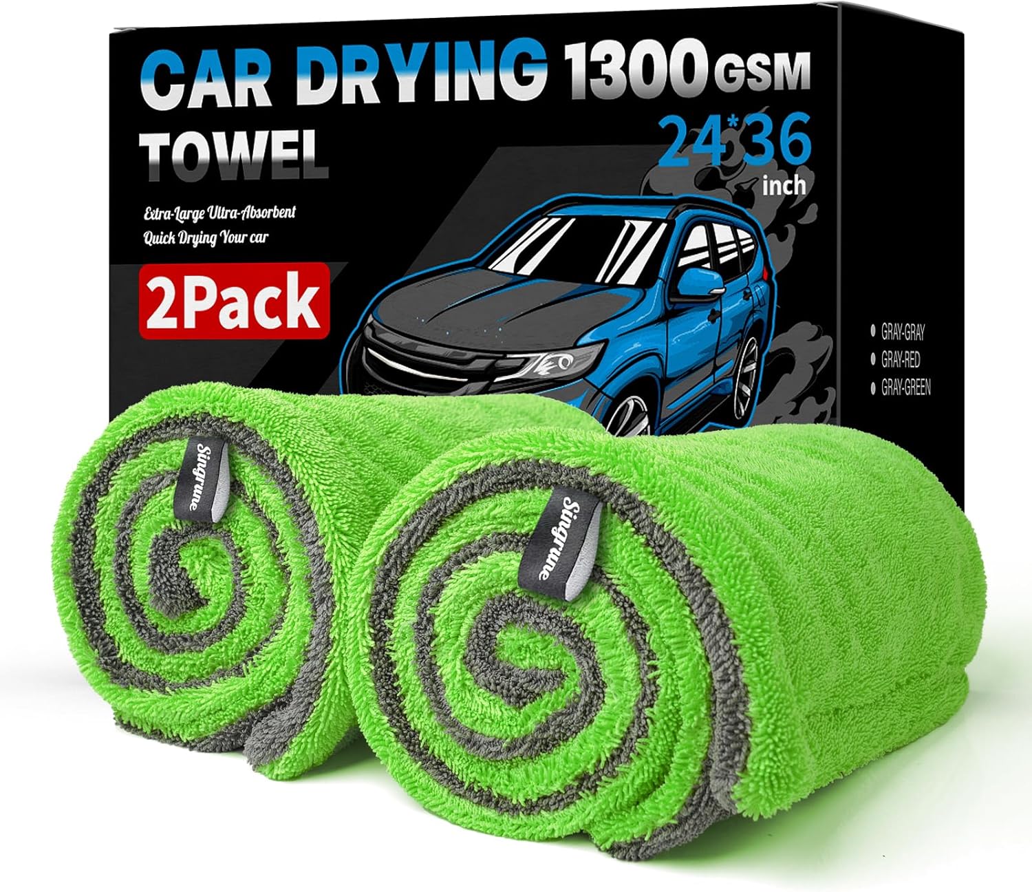 2 Pack XL Car Drying Towel – 1300GSM Ultra Absorbent Microfiber, 24"x36" Large Size, Twisted Loop