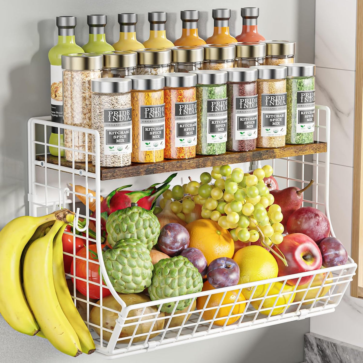 Magnetic Shelf for Fridge with Wood Lid, Fruit Potato and Onion Storage Bins, Pantry Organizers and