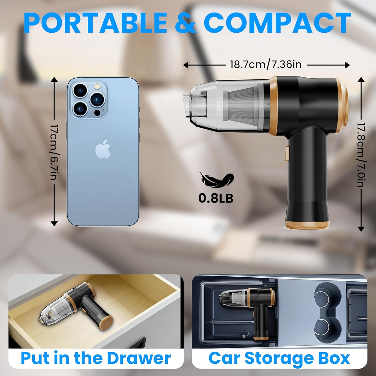 Mini Car Vacuum 15000Pa Portable Cordless Handheld Vacuum Cleaner and Air Duster with 2 Filter for