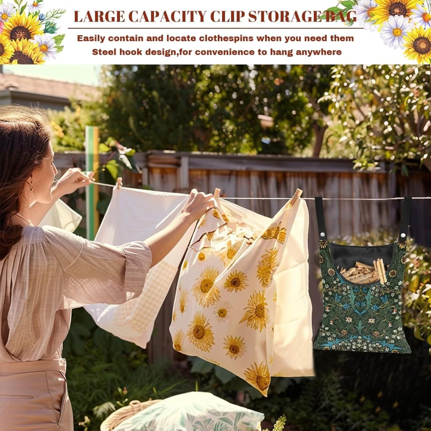 Vintage Scabious Leaf Print Reinforced Clothespin Holder Bag 14.5x12in - Large Capacity Storage