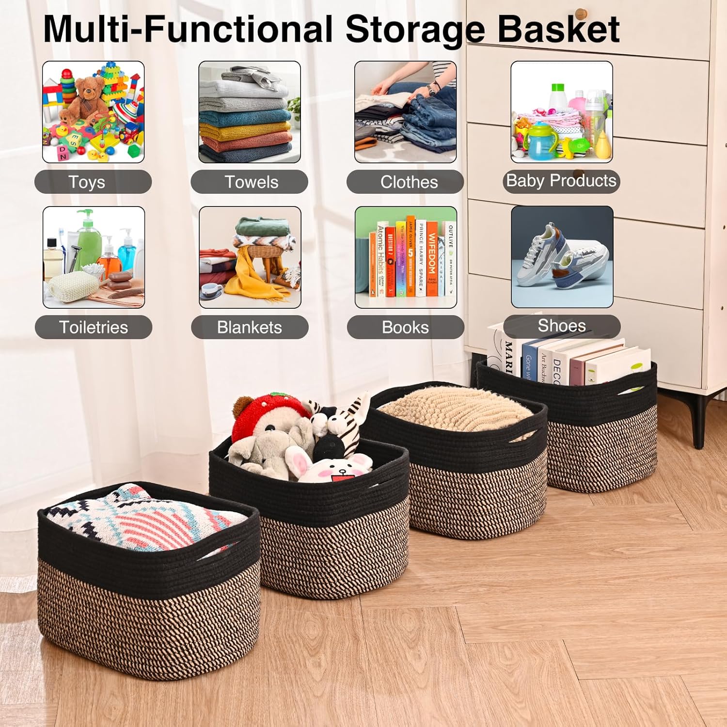 Storage Baskets for Shelves Organizing, Woven Cotton Rope Baskets for Storage, Book Basket