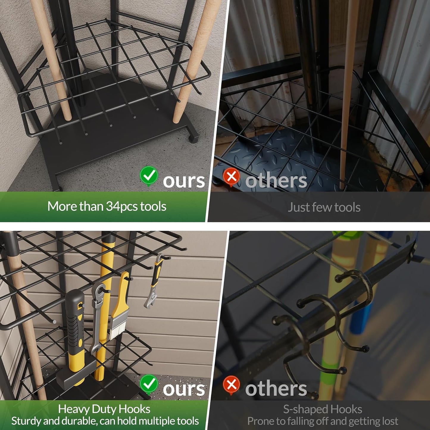Garden Tool Organizer for Corner - Heavy Duty Metal Rack with 34 Storage Compartments & 14 Hooks