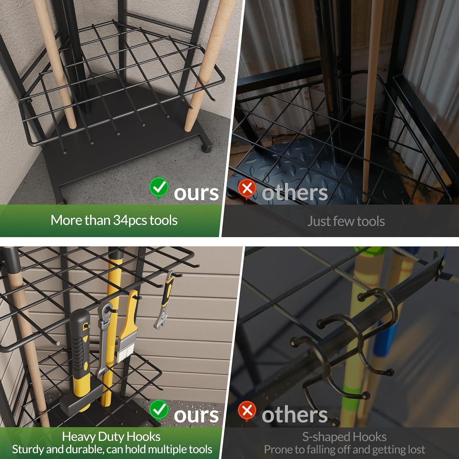 Garden Tool Organizer for Corner - Heavy Duty Metal Rack with 34 Storage Compartments & 14 Hooks