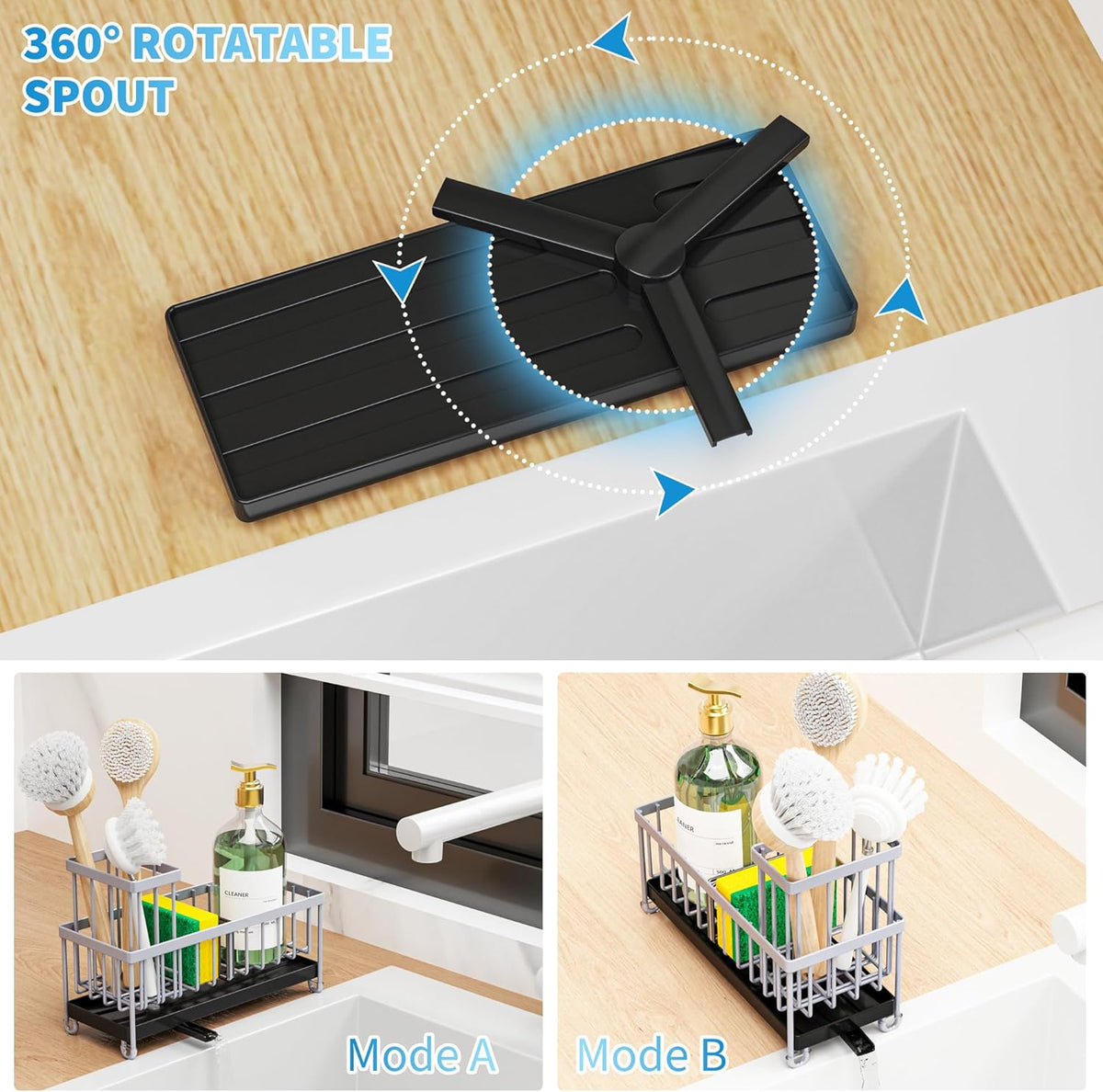 Cisily Light Gray Sponge Holder for Kitchen Sink, Sink Caddy Organizer with High Brush Holder