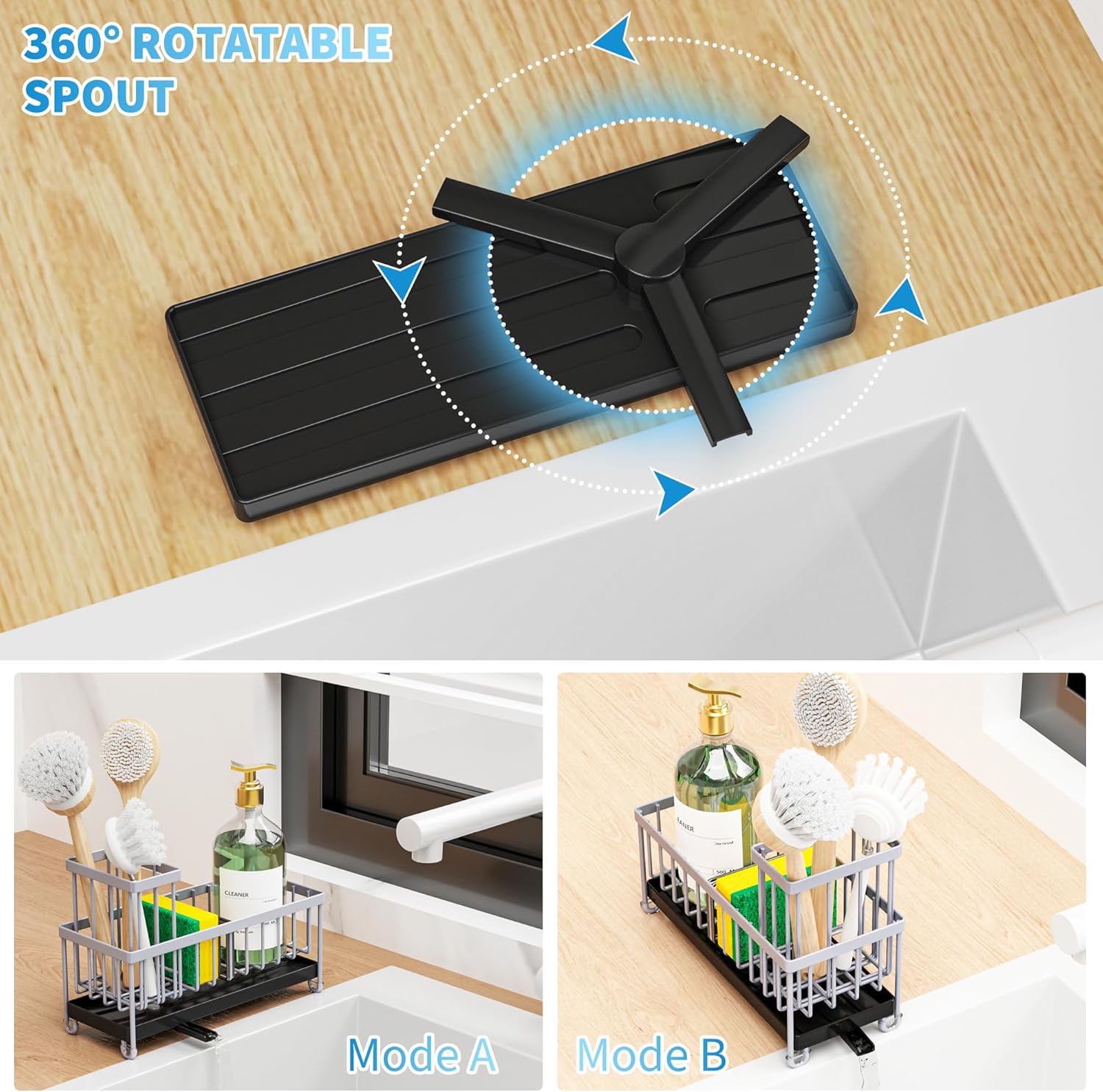 Cisily Light Gray Sponge Holder for Kitchen Sink, Sink Caddy Organizer with High Brush Holder