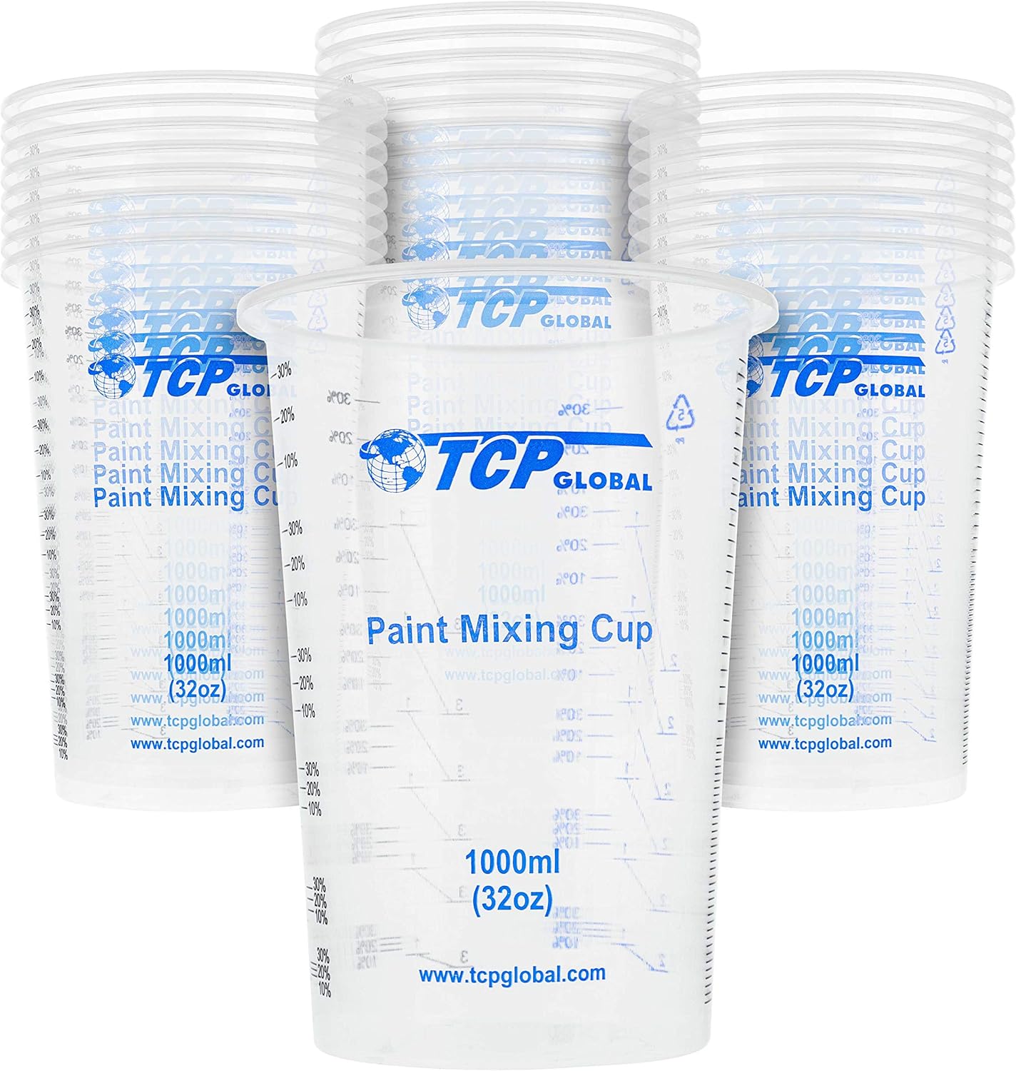 TCP Global 32 oz. (1000ml) Graduated Plastic Mixing Cups (Box of 25) - Disposable Plastic Measuring
