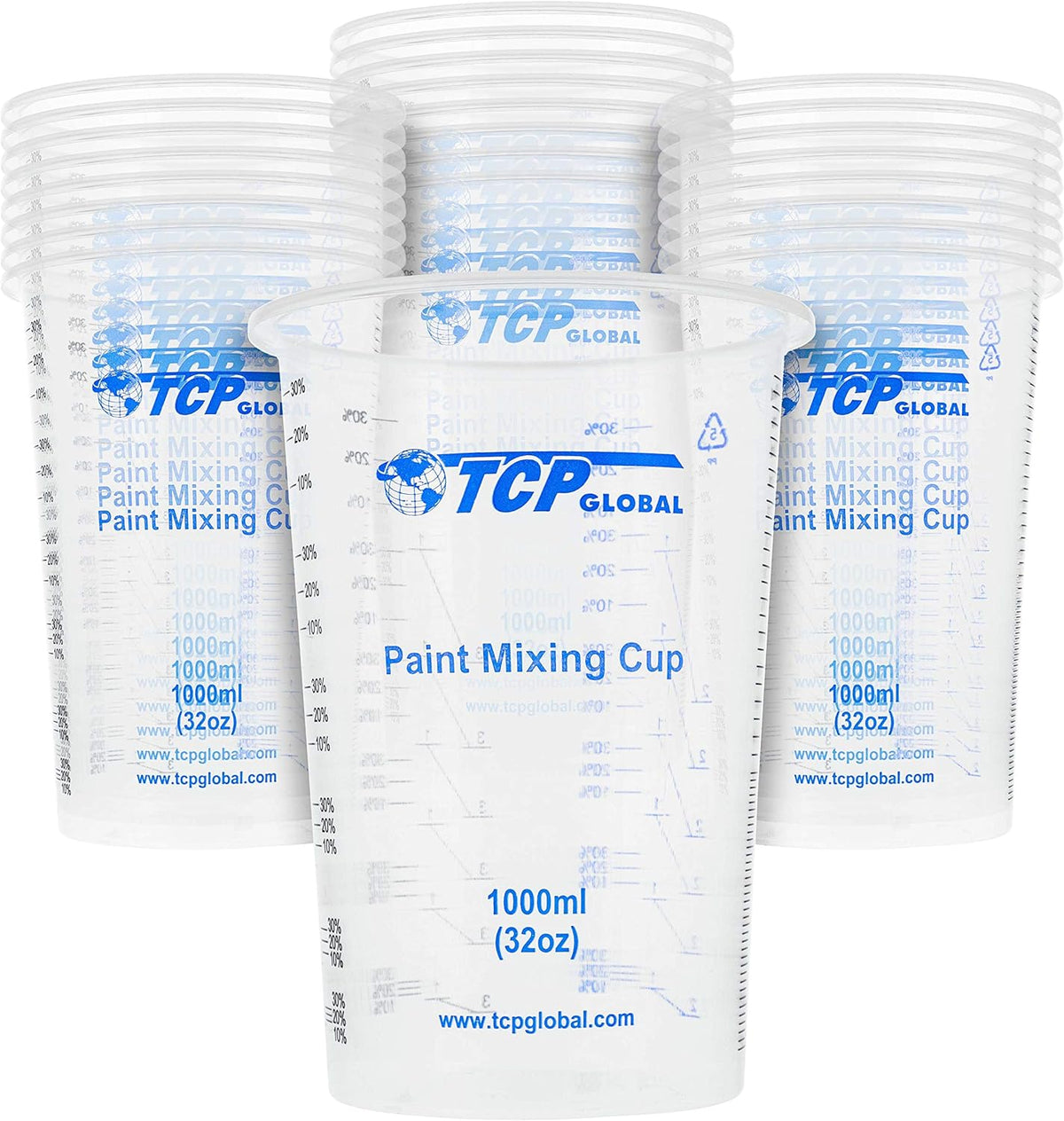 TCP Global 32 oz. (1000ml) Graduated Plastic Mixing Cups (Box of 25) - Disposable Plastic Measuring