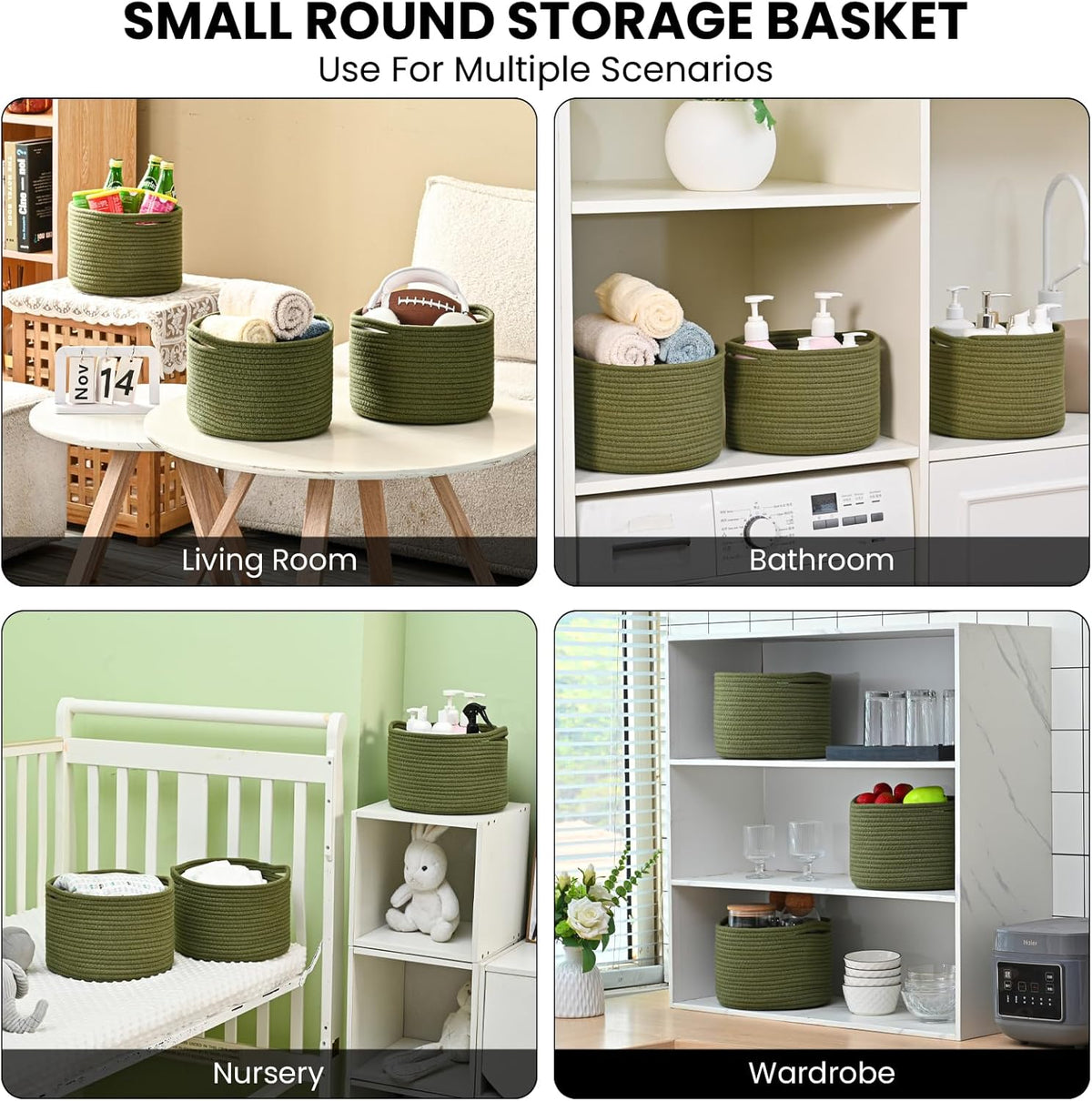 Small Storage Baskets for Organizing, Organizer Baskets for Shelves, Green Woven Basket for Storage