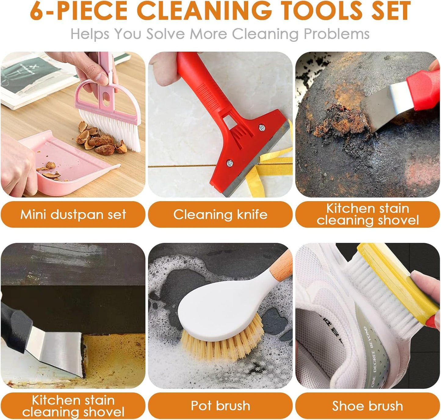 Broom and Dustpan Set with Long Handle and 6 Bonus Cleaning Tools, Upright Standing Combo with