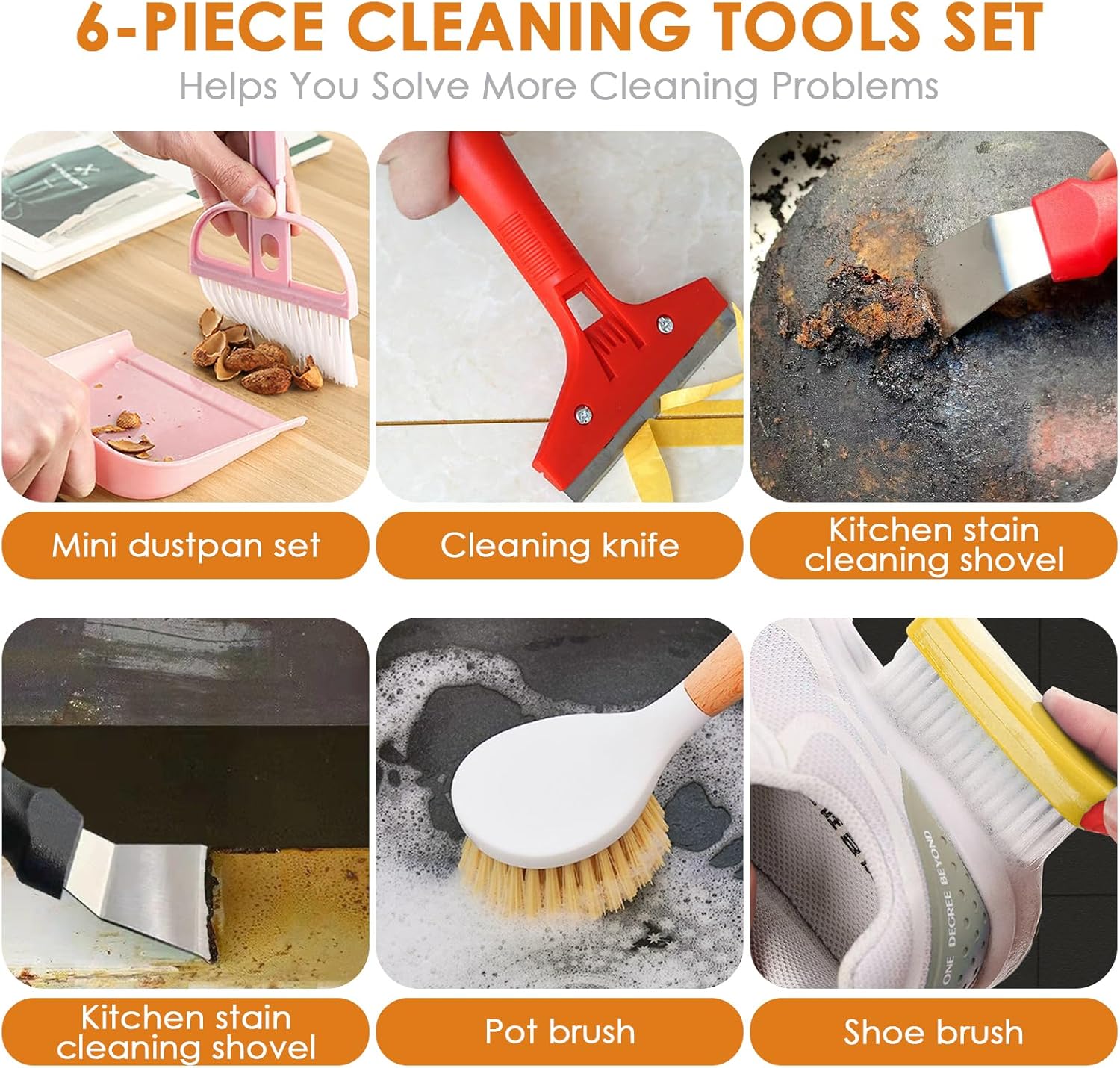Broom and Dustpan Set with Long Handle and 6 Bonus Cleaning Tools, Upright Standing Combo with
