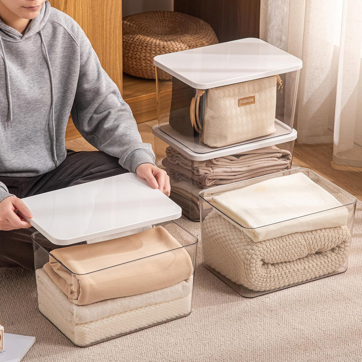 4-Piece Set,Plastic Storage Bin with Lid,Large Storage Containers,Stackable Lidded Storage Boxes