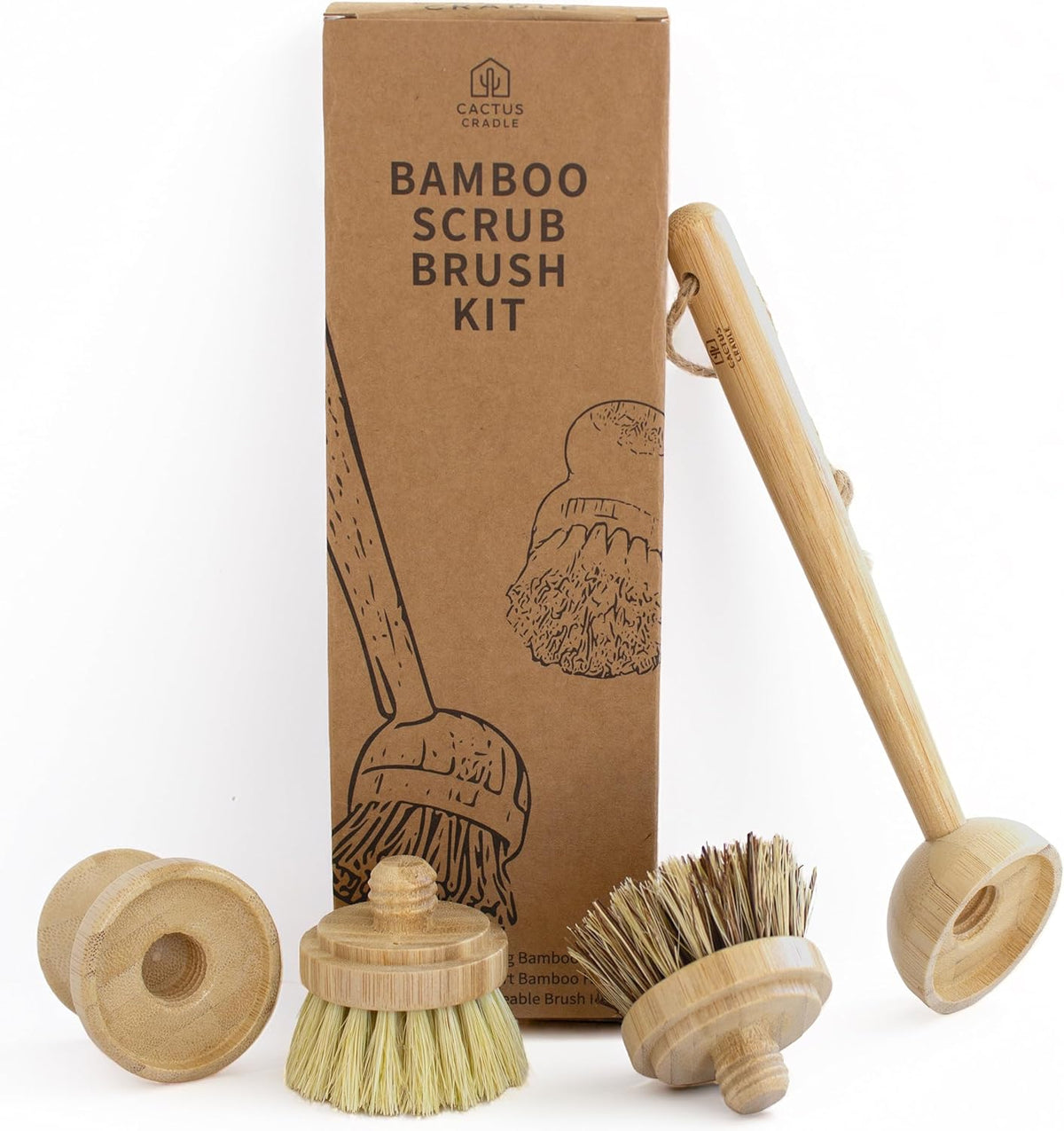 Cactus Cradle Bamboo Scrub Brush Kit – 4-Piece Dish Brush Set with 2 Handles & 2 Interchangeable