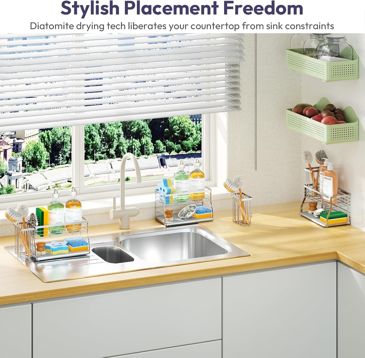 SWTYMIKI Kitchen Sink Caddy Organizer, 2 Tier Sponge Holder for Kitchen Sink with Instant Drying