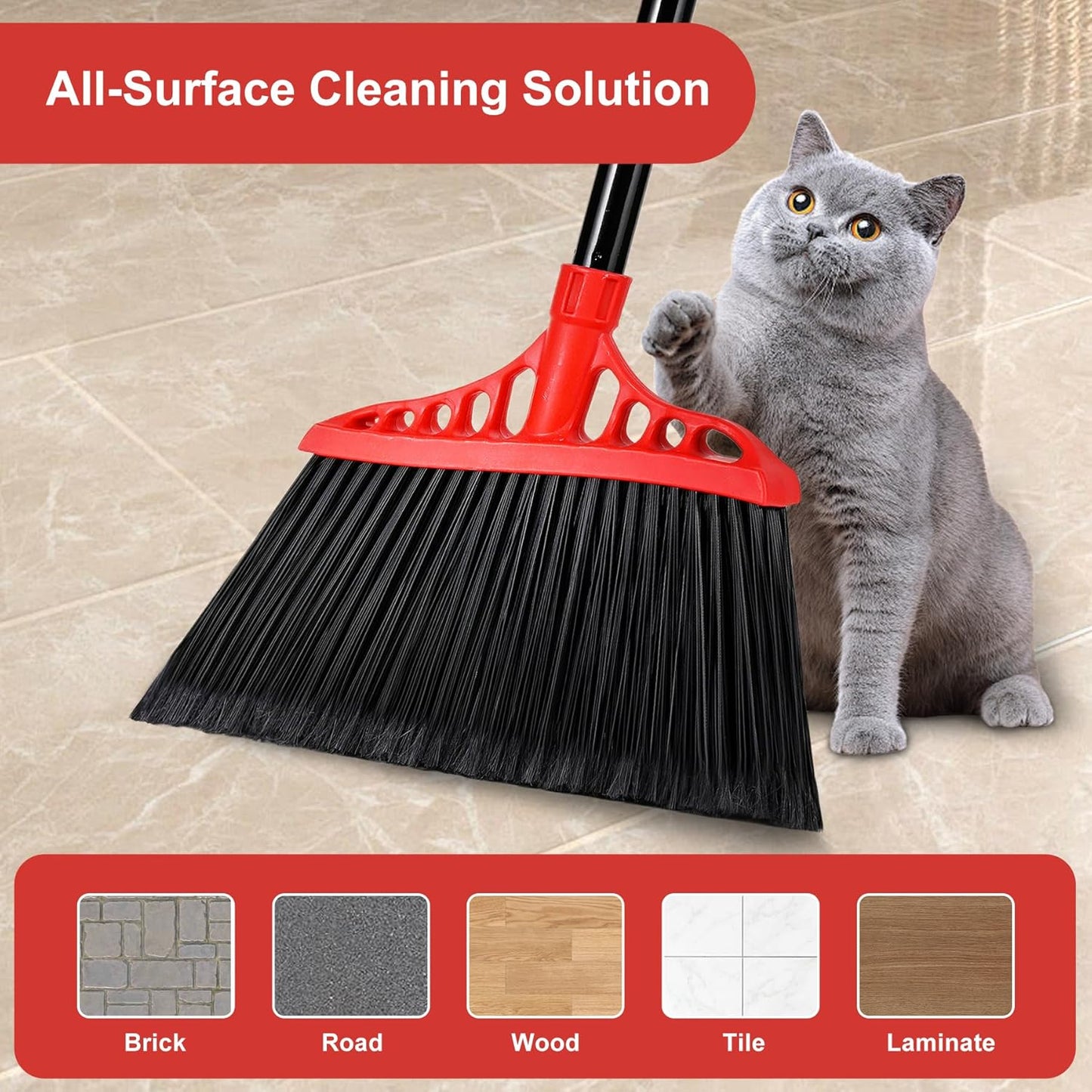 Heavy Duty Angle Broom - 55" Adjustable Iron Handle with Stiff Bristles - Commercial-Grade
